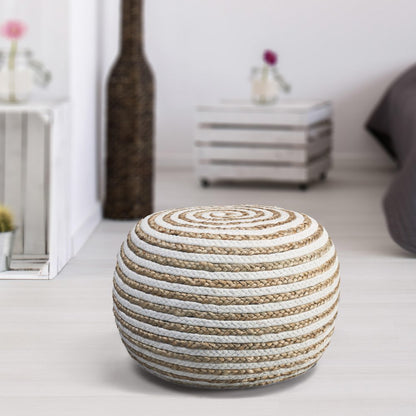 20" Gray Cotton Blend Striped Round Pouf Ottoman