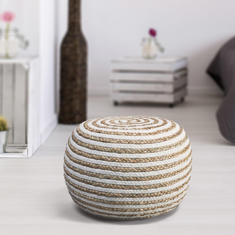 20" Gray Cotton Blend Round Striped Pouf Ottoman
