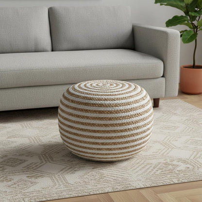 20" Gray Cotton Blend Round Striped Pouf Ottoman