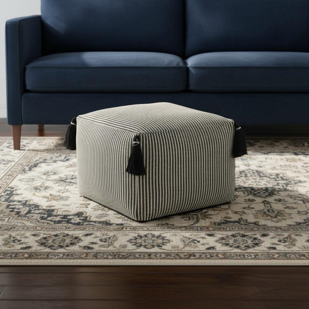 18" Gray Cotton Striped Pouf Ottoman