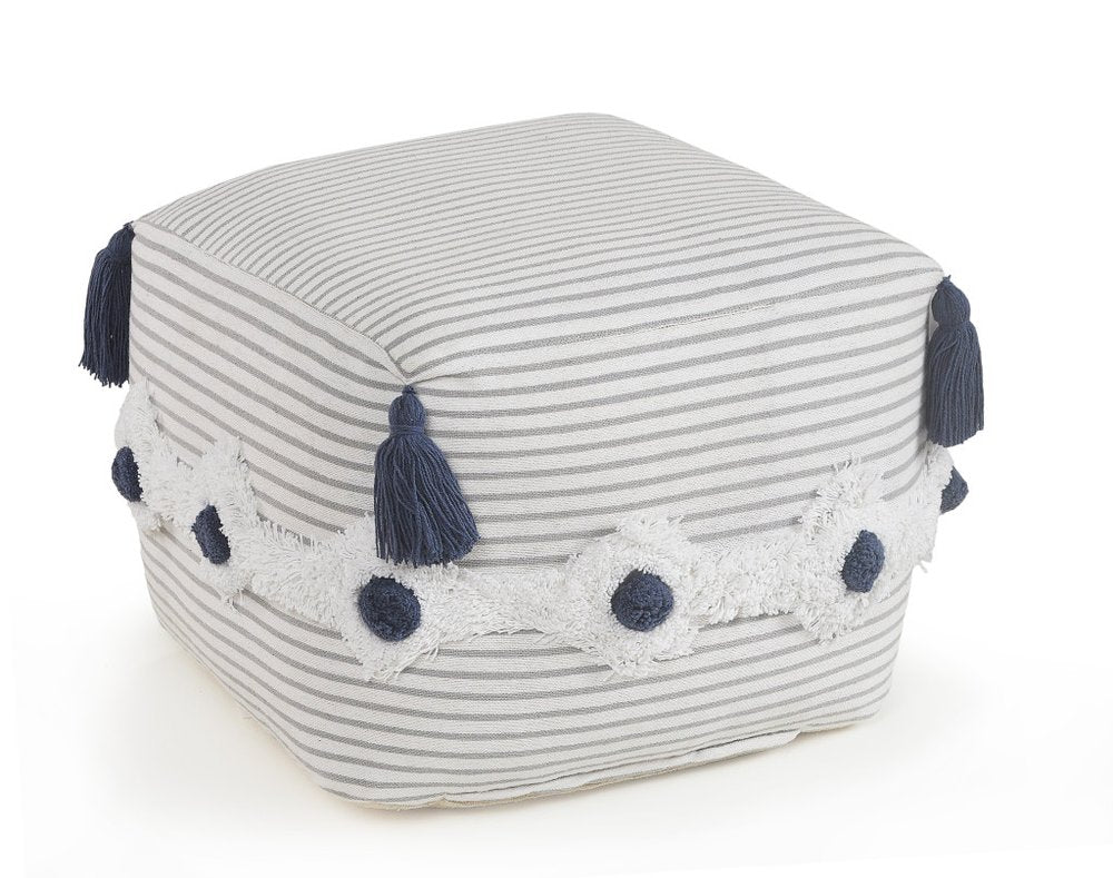 18" Gray Cotton Striped Pouf Ottoman