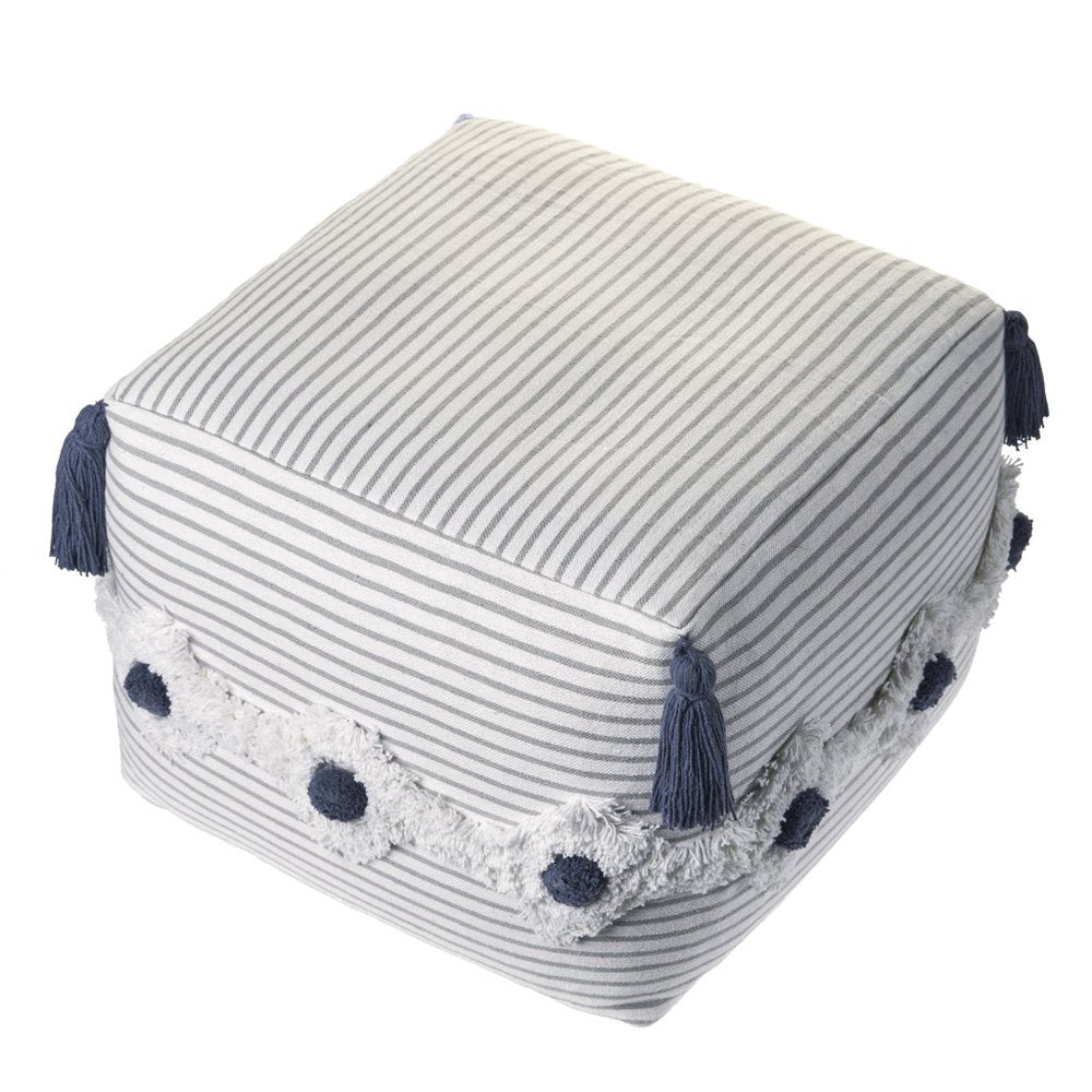 18" Gray Cotton Striped Pouf Ottoman