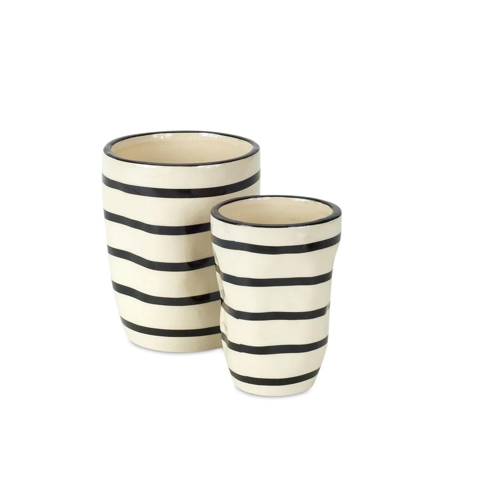 Set of Six Black And Ivory Ceramic 2 Ounce Geometric Round Pot Planters