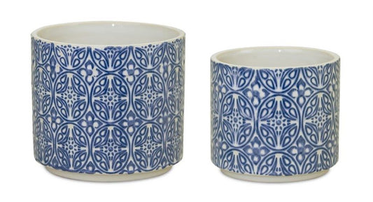Set of Two Blue And White Ceramic Medallion 3 Ounce Round Pot Planters