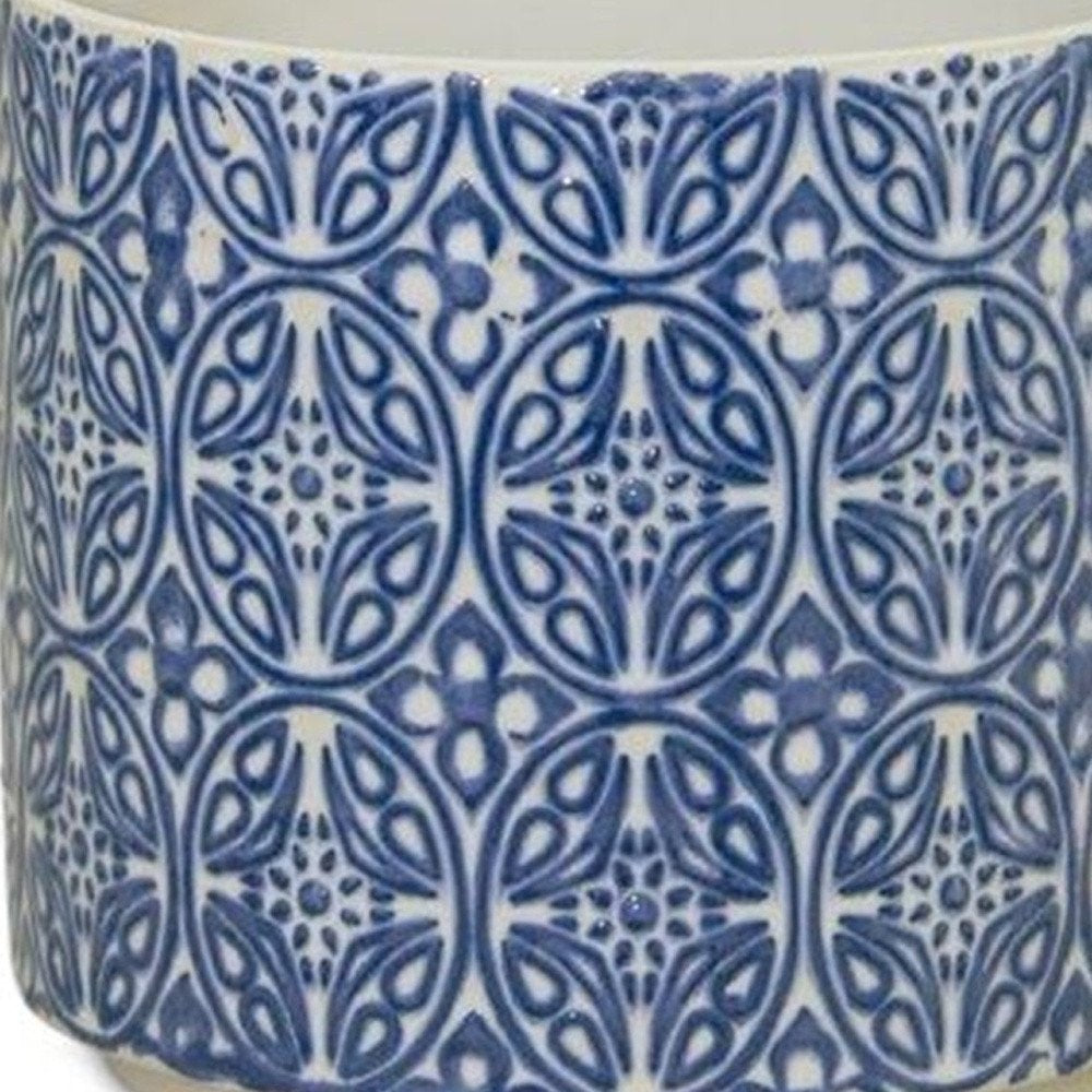 Set of Two Blue And White Ceramic Medallion 3 Ounce Round Pot Planters