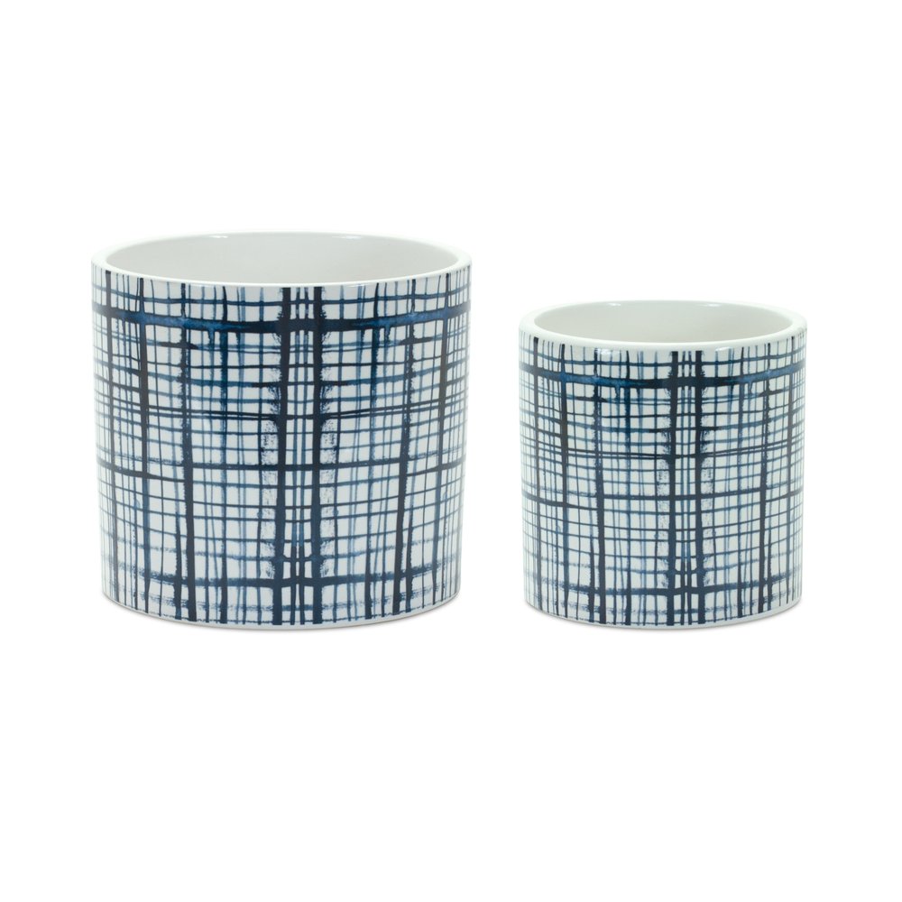 Set of Two White And Blue Ceramic Lattice 2 Ounce Round Pot Planters