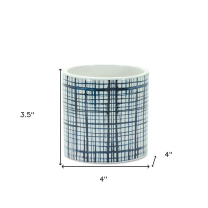 Set of Two White And Blue Ceramic Lattice 2 Ounce Round Pot Planters