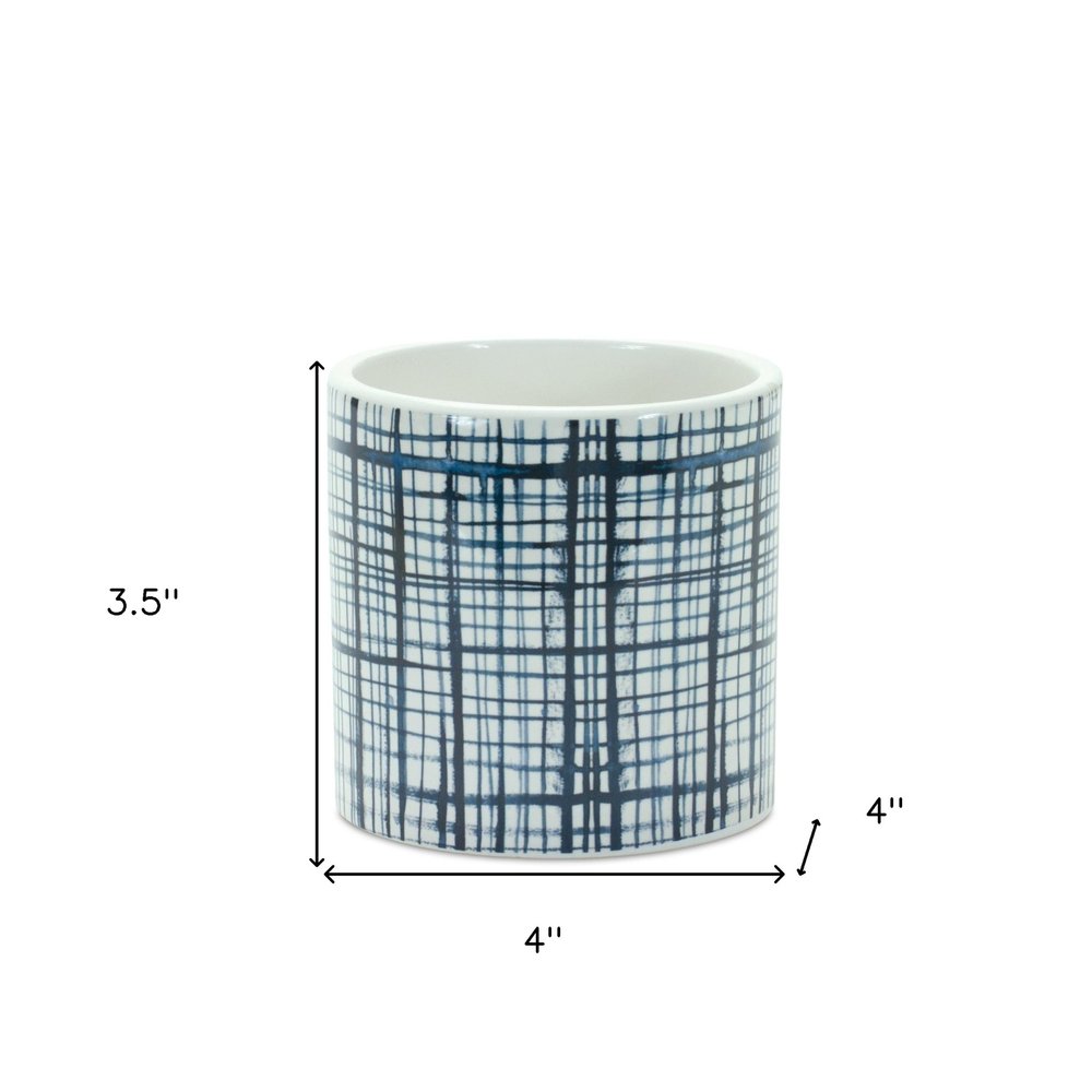 Set of Two White And Blue Ceramic Lattice 2 Ounce Round Pot Planters