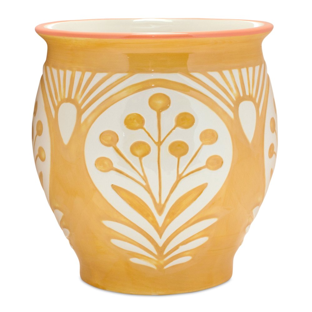 Set of Two Green And Yellow Ceramic 8 Ounce Geo Floral Pot Planters