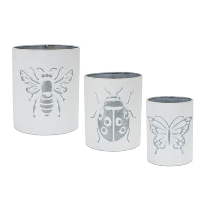 Set of Three White And Gray Metal 9 Ounce Abstract Round Distressed Pot Planters