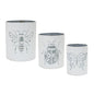 Set of Three White And Gray Metal 9 Ounce Abstract Round Distressed Pot Planters