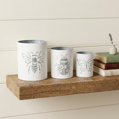 Set of Three White And Gray Metal 9 Ounce Abstract Round Distressed Pot Planters
