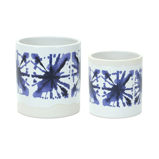Set of Two White And Blue Ceramic 5 Ounce Abstract Round Pot Planters