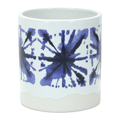 Set of Two White And Blue Ceramic 5 Ounce Abstract Round Pot Planters