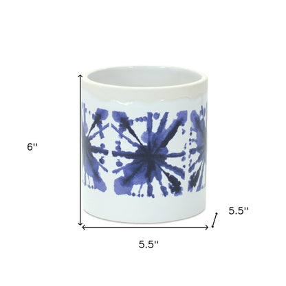 Set of Two White And Blue Ceramic 5 Ounce Abstract Round Pot Planters