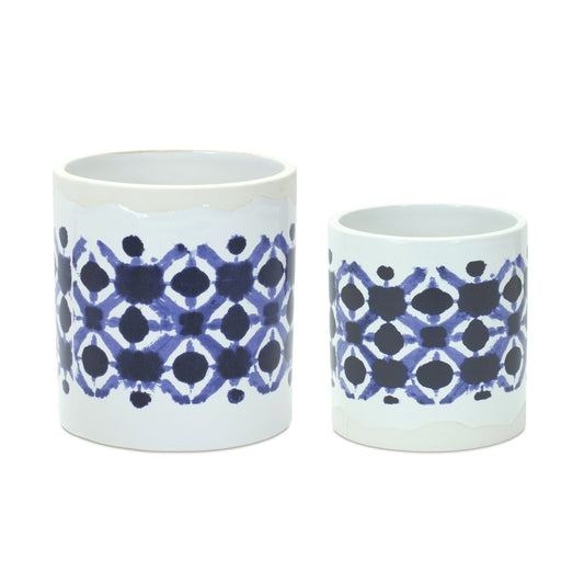 Set of Two White And Blue Ceramic 5 Ounce Geometric Round Pot Planters