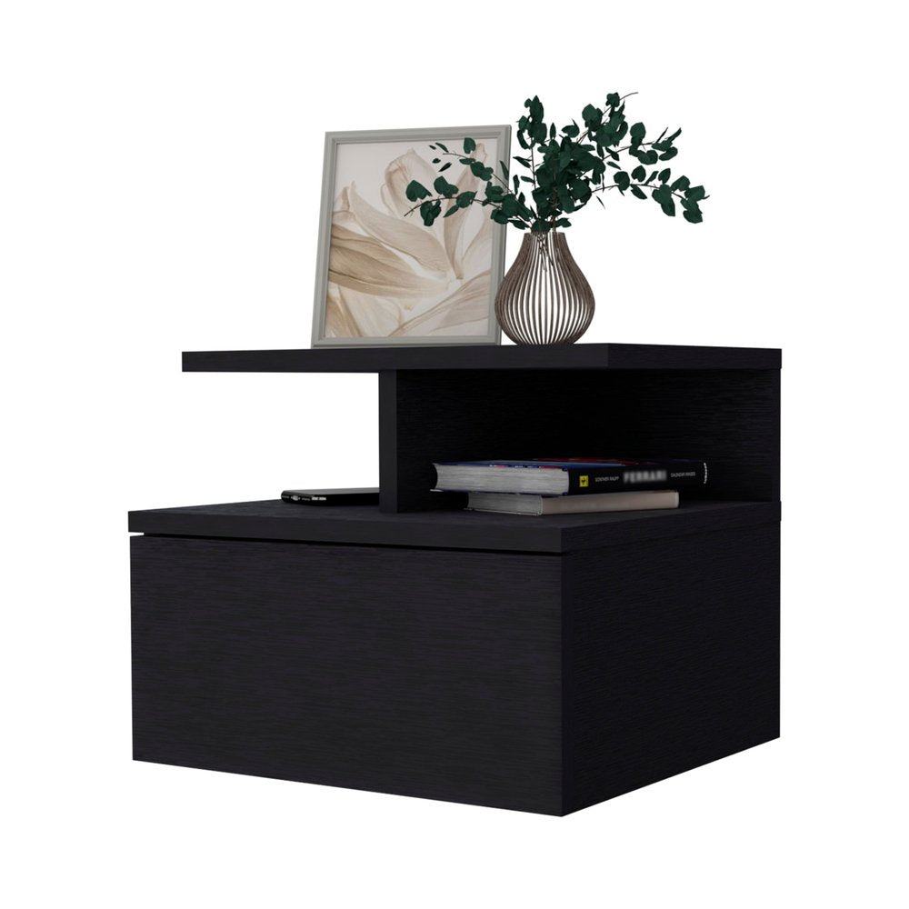 12" Black Wood One Drawer Nightstand with Integrated Tech