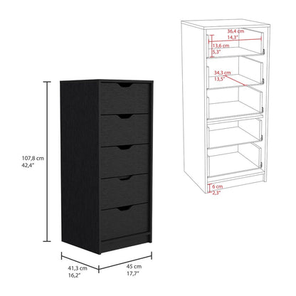 18" Black Charcoal Manufactured Wood Five Drawer Tall and Narrow Dresser