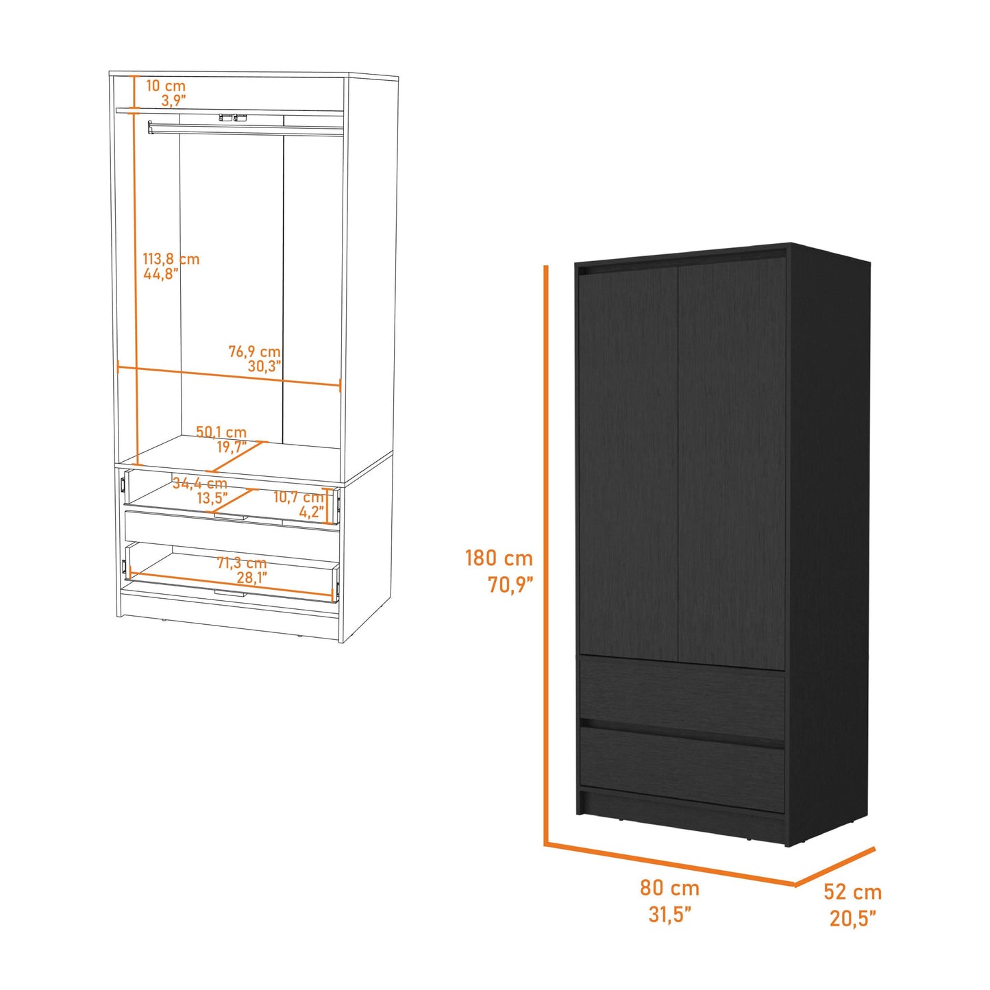 32" Black Accent Cabinet Soft Close With Multiple Shelves And Three Drawers