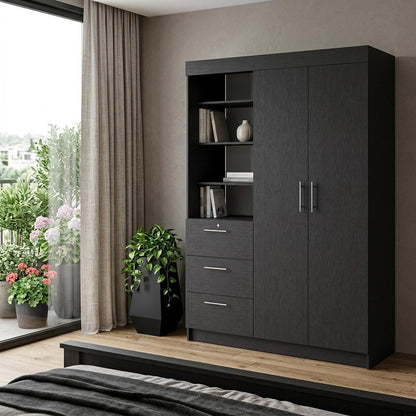 79" Black Wood Two Door Three Drawer Combo Dresser