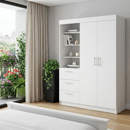 79" White Wood Two Door Three Drawer Combo Dresser