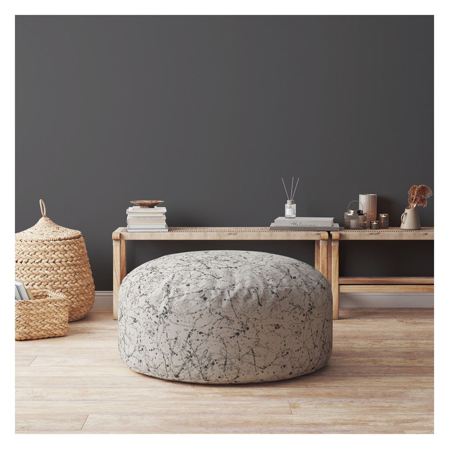 24" Beige Cotton Round Abstract Pouf Ottoman