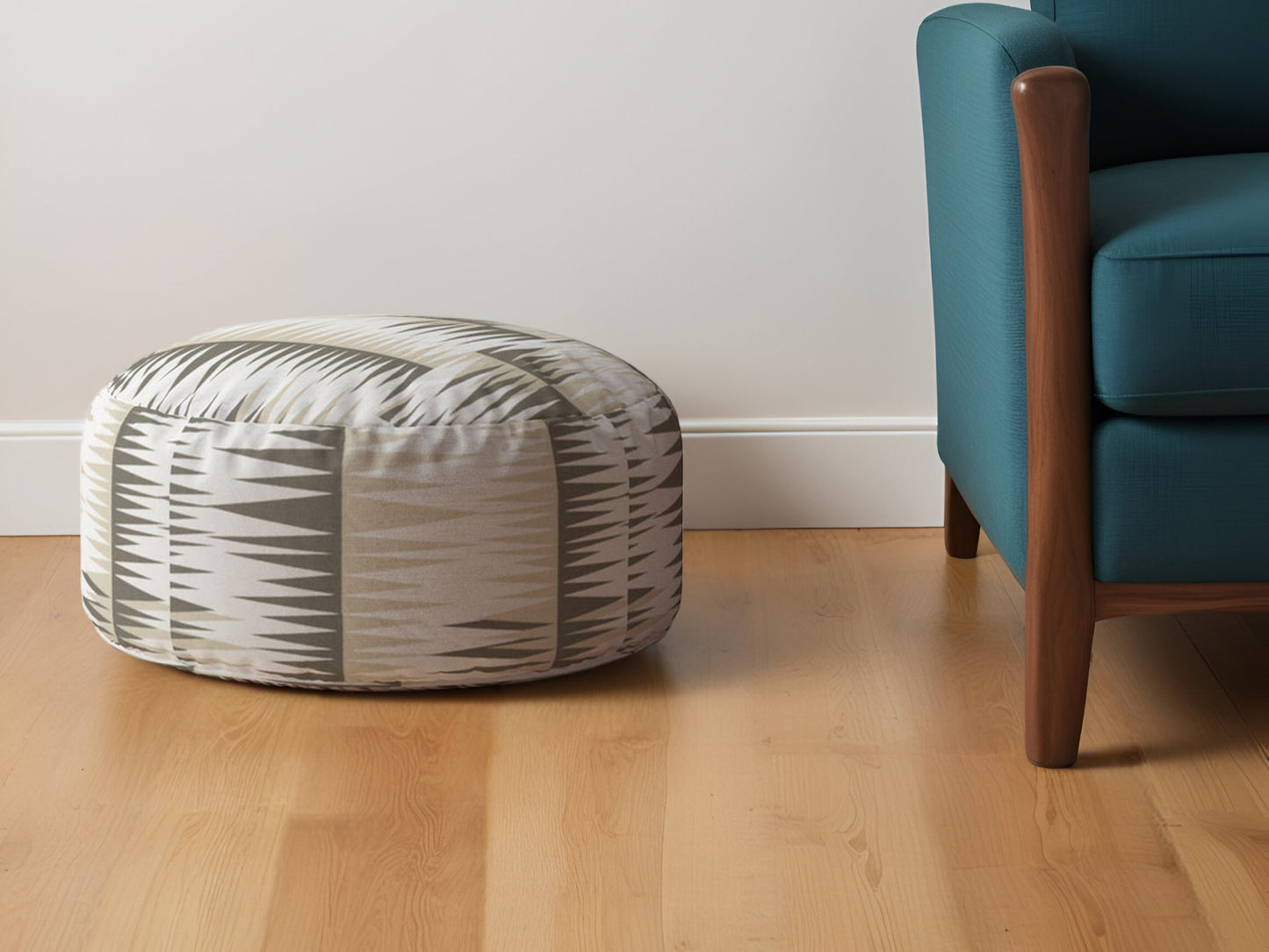 24" Beige Cotton Round Chevron Pouf Ottoman