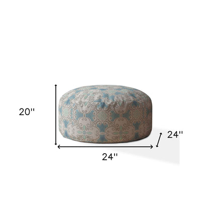 24" Blue Cotton Round Ikat Pouf Ottoman