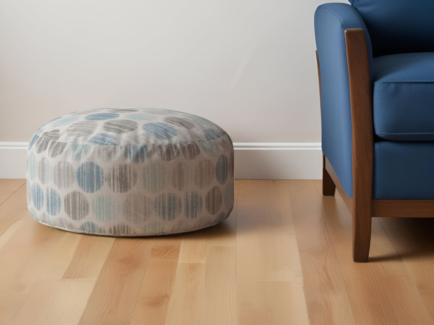 24" Blue Cotton Round Polka Dots Pouf Ottoman