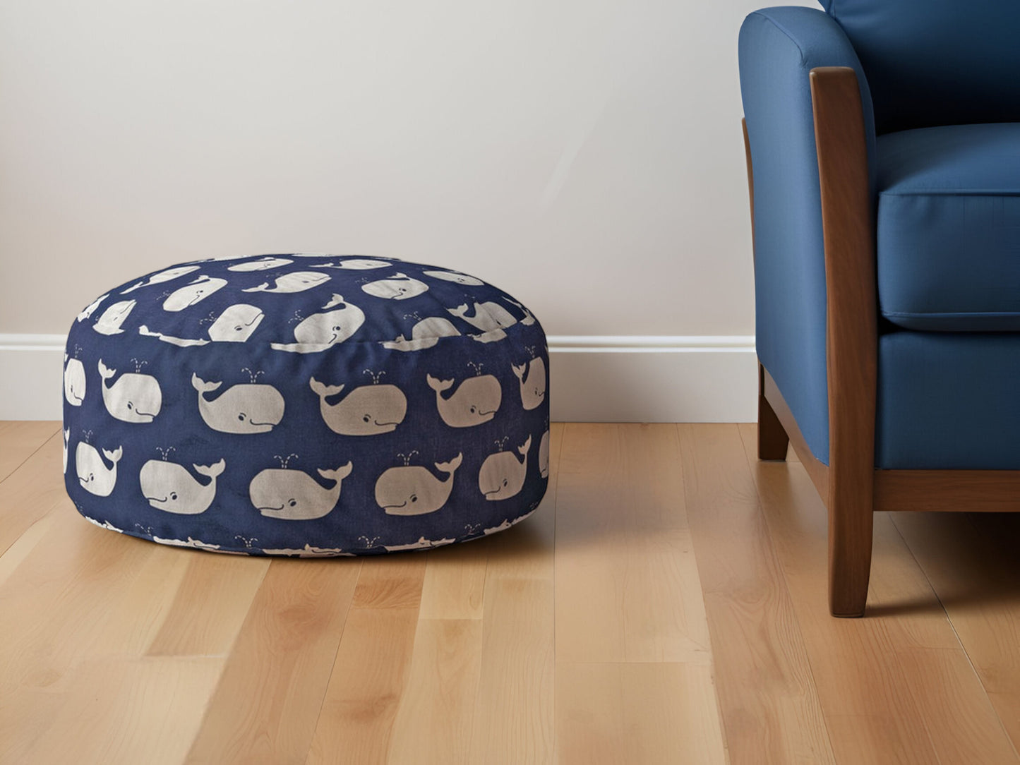 24" Blue and White Twill Round Animal Print Pouf Ottoman