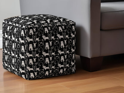 17" Black Cotton Animal Print Pouf Ottoman