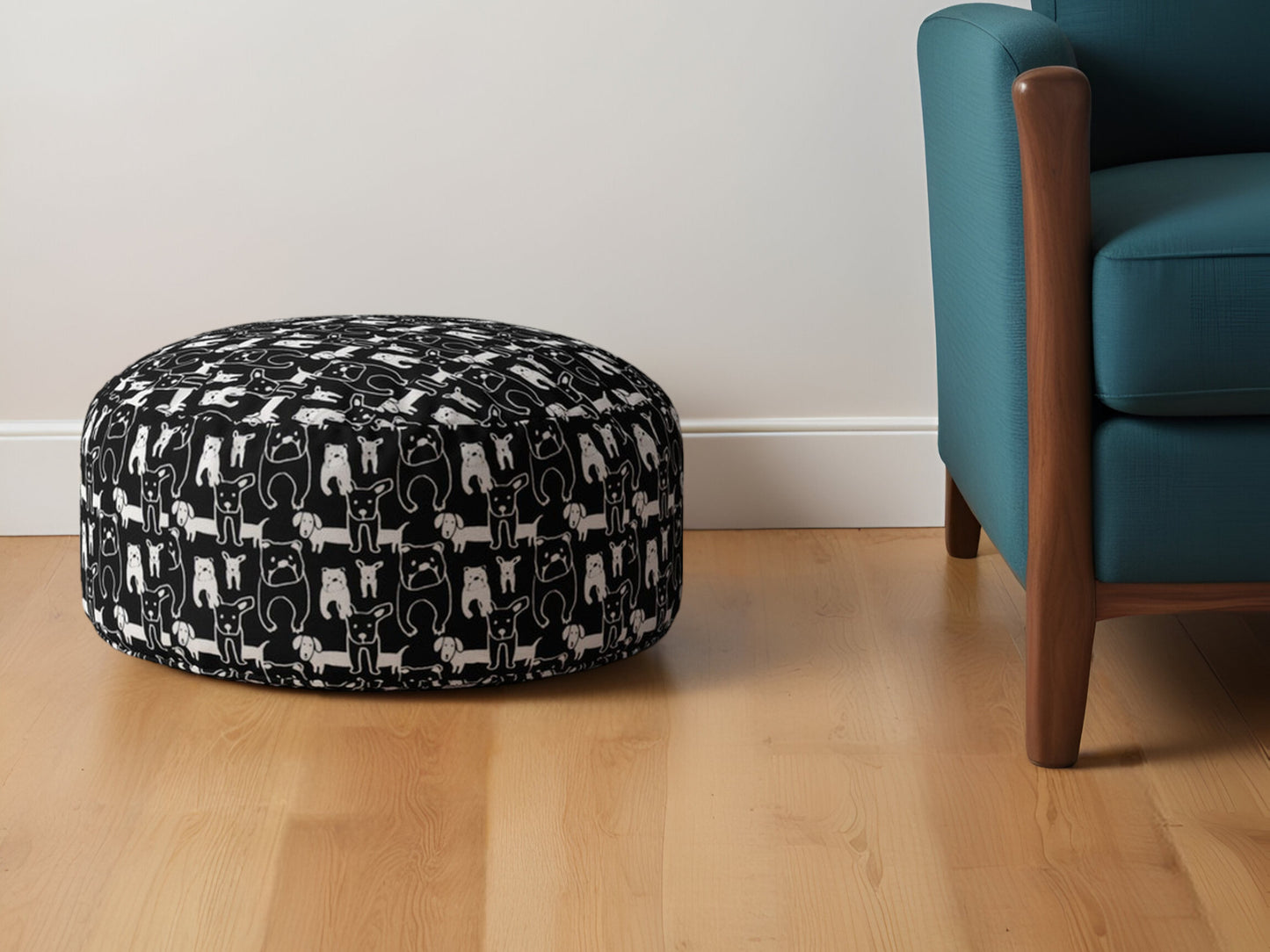 24" Black Cotton Round Animal Print Pouf Ottoman