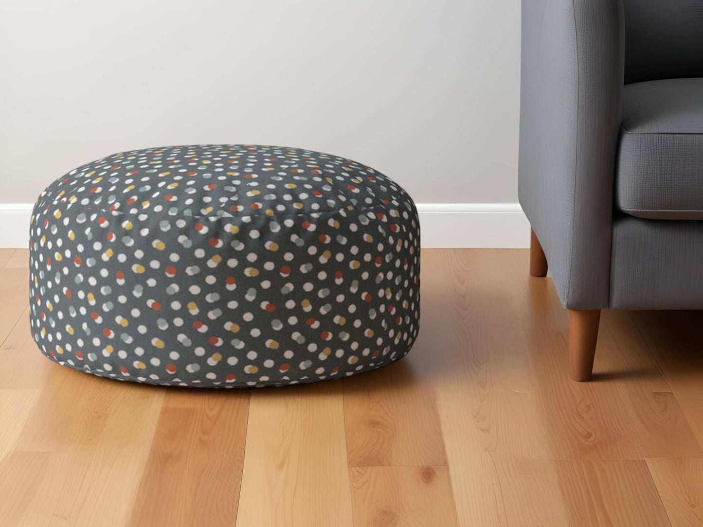 24" Blue Cotton Round Floral Pouf Ottoman