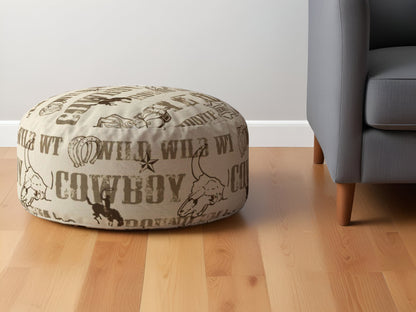 24" Brown Cotton Round Animal Print Pouf Ottoman