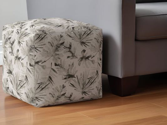 17" Beige Cotton Floral Pouf Ottoman