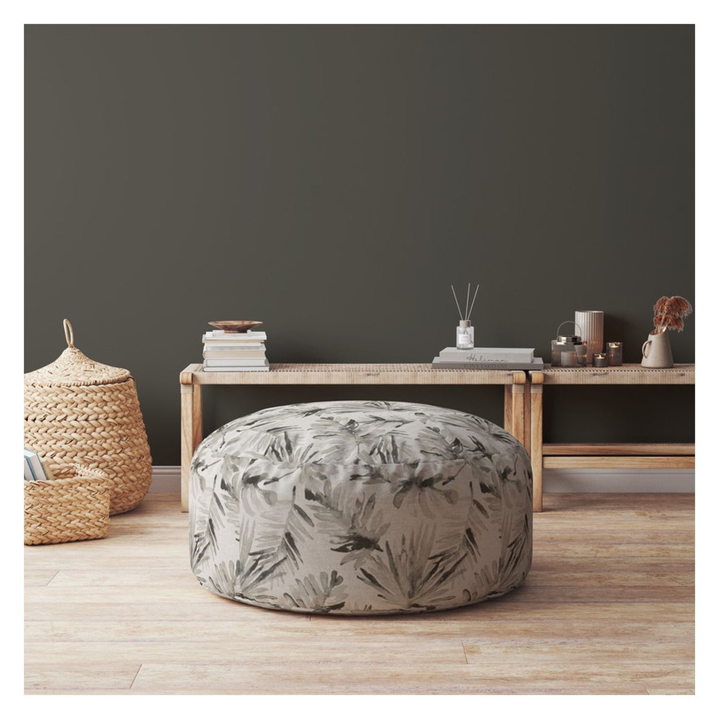 24" Beige Cotton Round Floral Pouf Ottoman