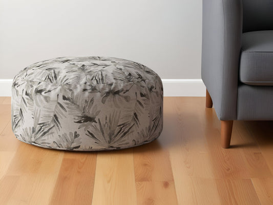 24" Beige Cotton Round Floral Pouf Ottoman