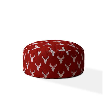 24" Red and White Cotton Round Stag Pouf Ottoman