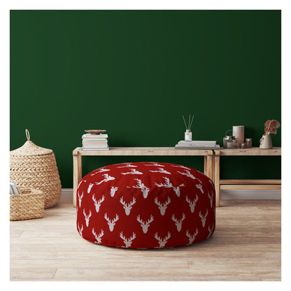 24" Red and White Cotton Round Stag Pouf Ottoman