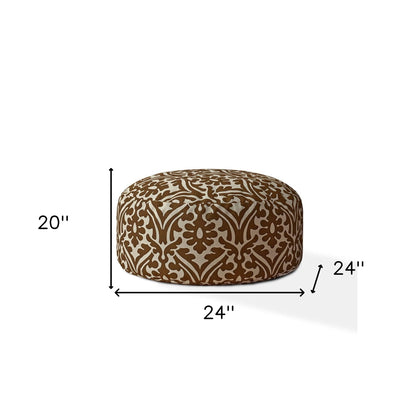 24" Brown Cotton Round Damask Pouf Ottoman