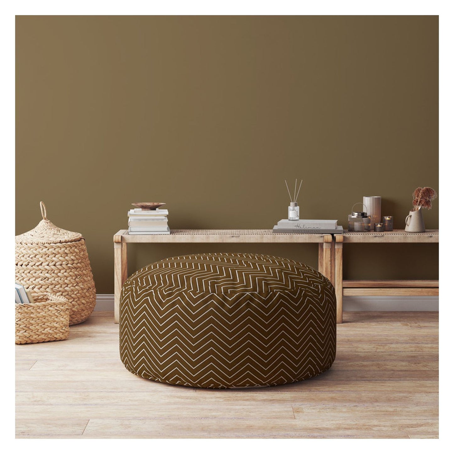 24" Brown Cotton Round Chevron Pouf Cover