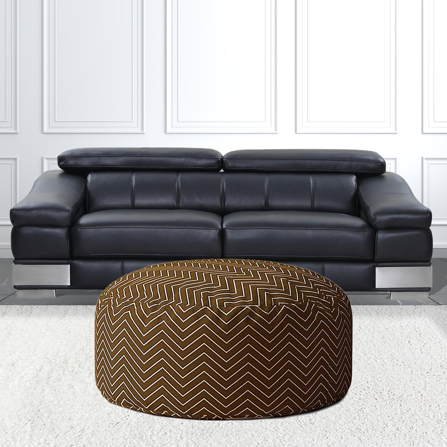 24" Brown Cotton Round Chevron Pouf Cover