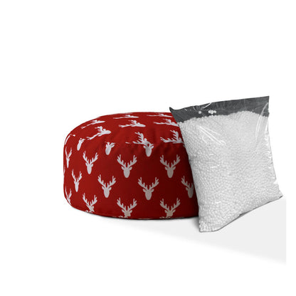 24" Red And White Cotton Round Stag Pouf Cover