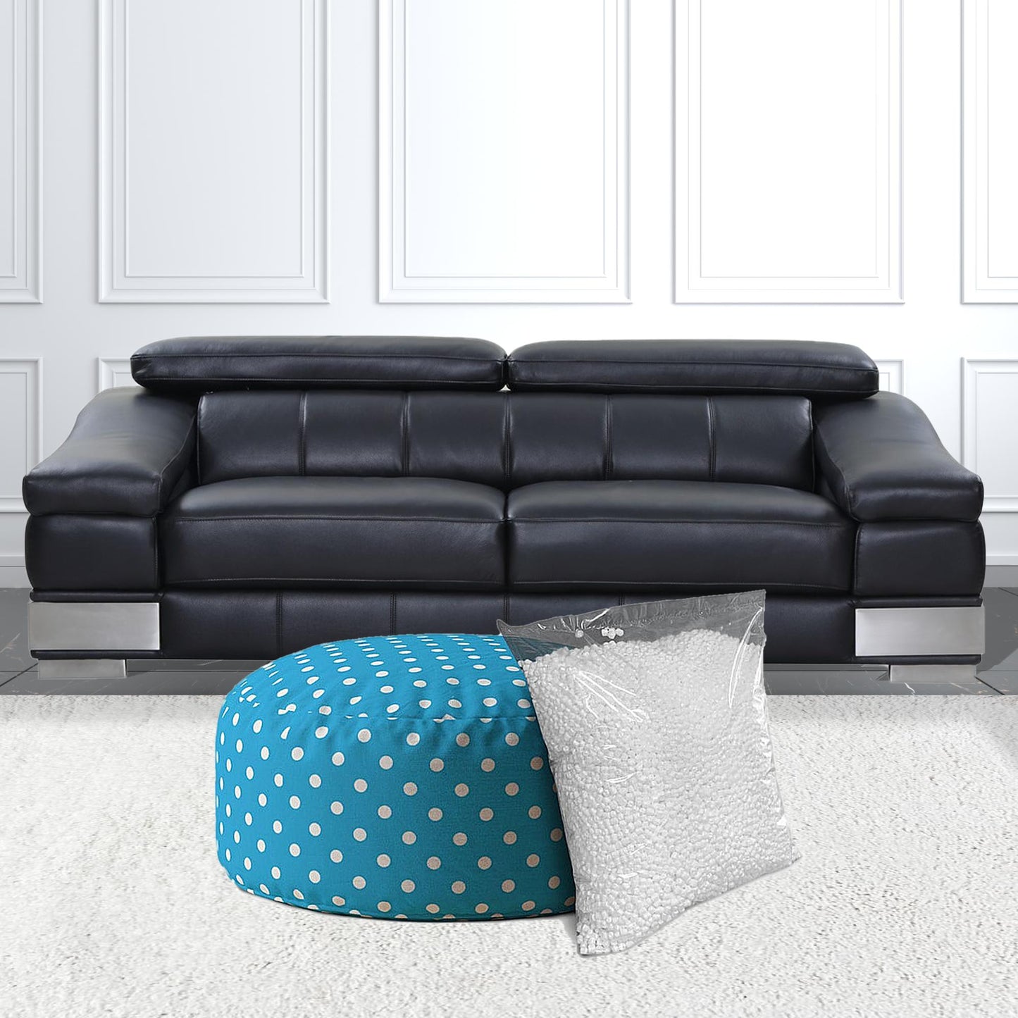 24" Blue And White Cotton Round Polka Dots Pouf Cover