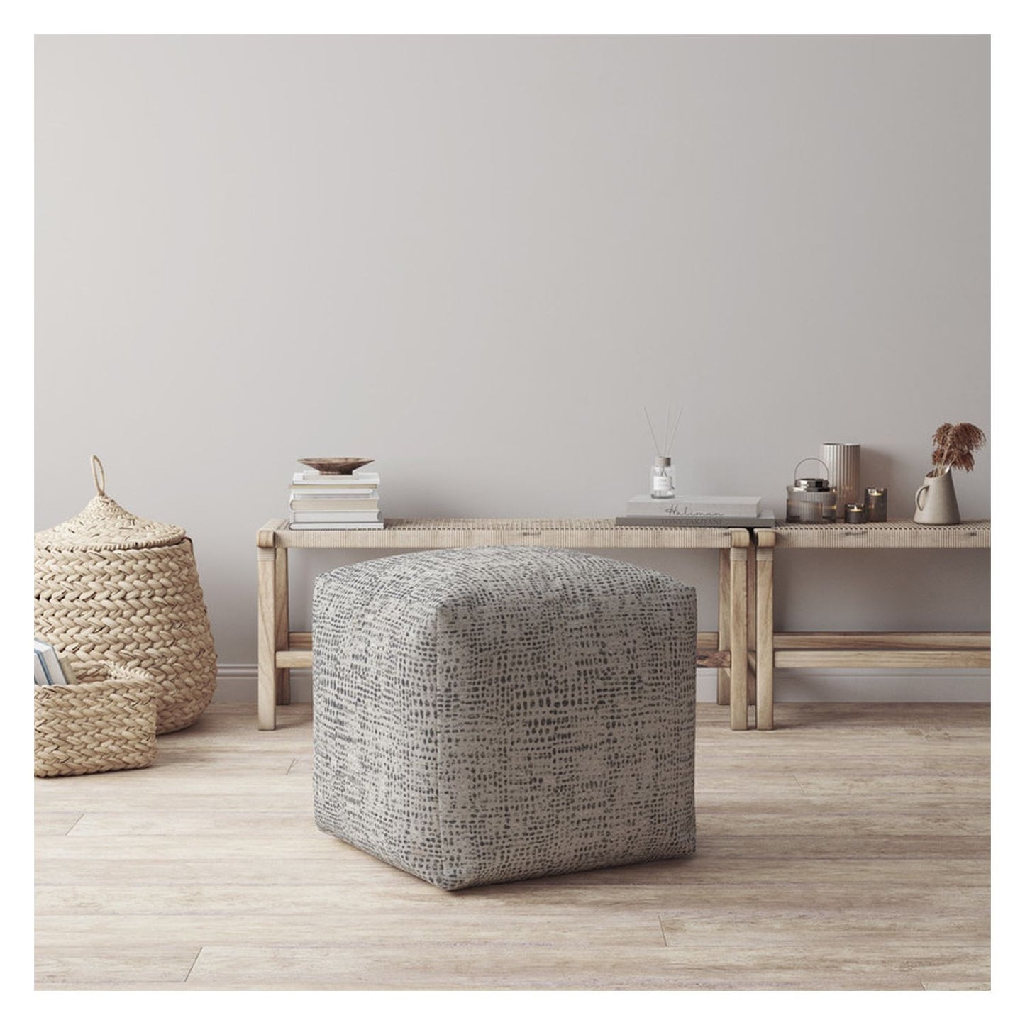 17" Black And Gray Canvas Abstract Pouf Cover