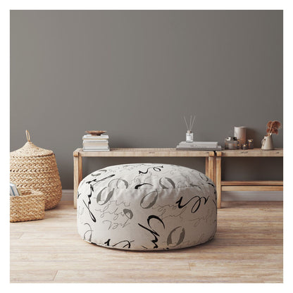 24" Black And Gray Polyester Round Abstract Pouf Cover