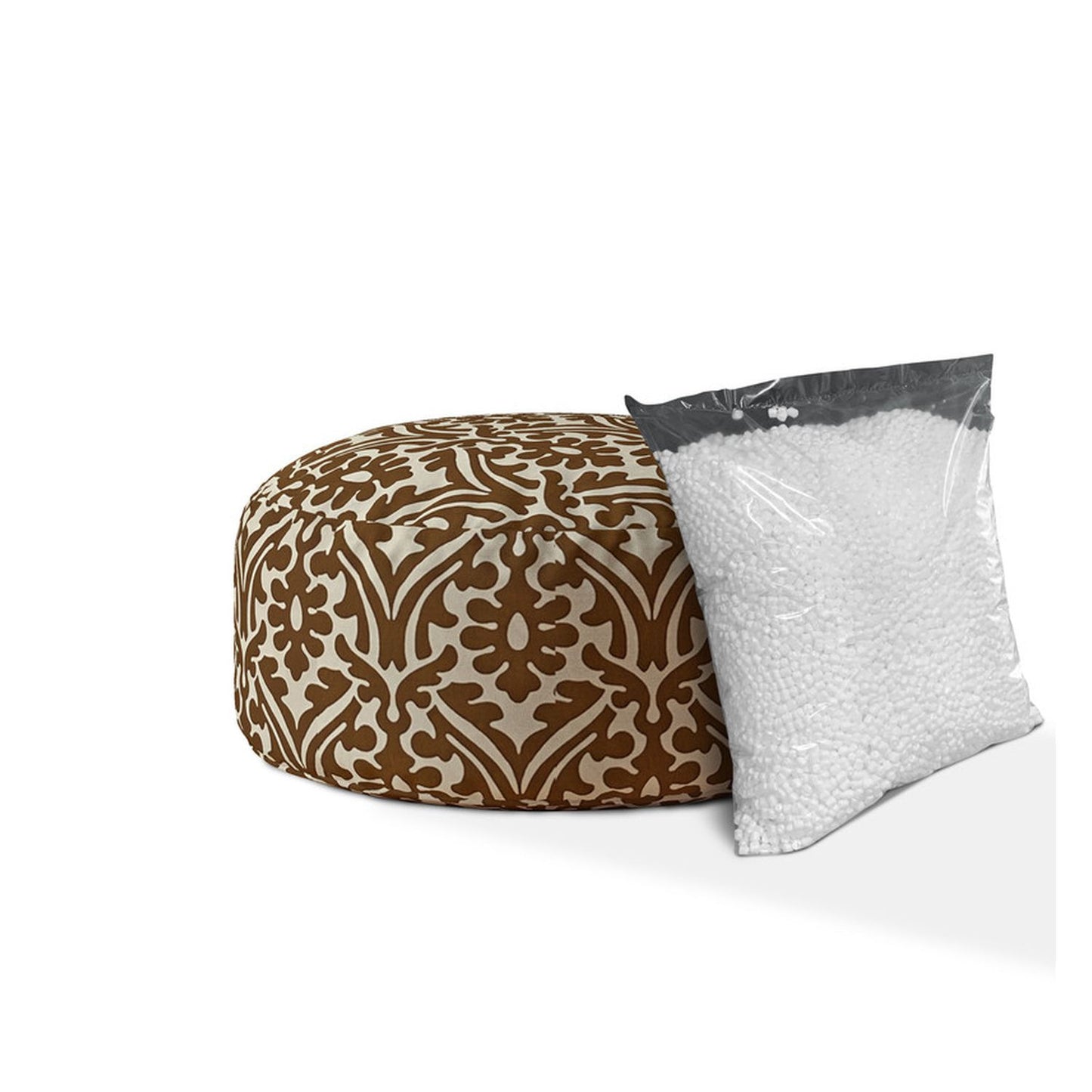 24" Brown Cotton Round Damask Pouf Cover