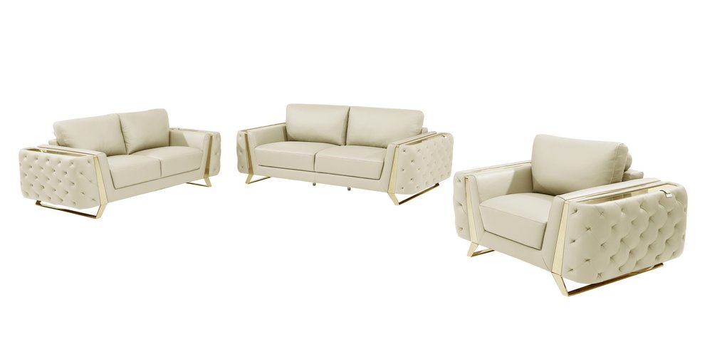 Three Piece Indoor Beige Italian Leather Six Person Seating Set