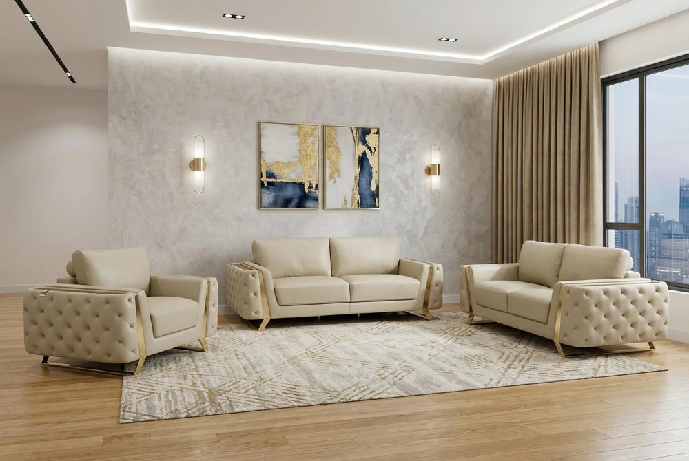 Three Piece Indoor Beige Italian Leather Six Person Seating Set