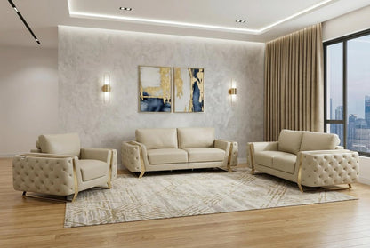 Three Piece Indoor Beige Italian Leather Six Person Seating Set